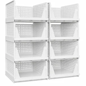 8-Pack Stackable Closet Storage Bins with Pull-Out Rails, White Foldable PP Organizers