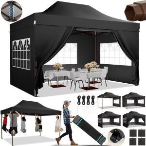 COBIZI 10x15 Pop Up Canopy Tent Heavy Duty with Sidewall - Commercial Outdoor Easy Pop Up Gazebo for Party Wedding All Weather Waterproof UV 50+ with Roller Bag(Leg Upgraded) / Black
