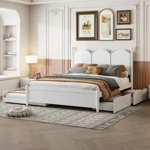 Queen Size Platform Bed with Vintage Headboard - Multifunctional Storage Frame Featuring Twin XL Trundle & 2 Drawers - Signature Collection