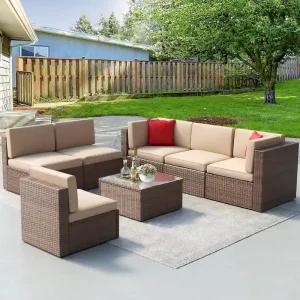 7 Pieces Outdoor Patio Furniture Sets Wicker Sectional Sofa PE Rattan Conversation Sets with Cushions - Signature Collection