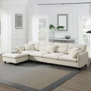 110-Inch L-Shaped 5-Seater Sectional Sofa with Removable Ottoman - Cloud Chenille Fabric / and 5 Cushions