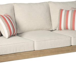 Signature Design by Ashley Clare View Coastal Outdoor Patio Eucalyptus Sofa with Cushions - Beige
