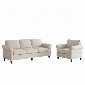 Beige Linen Sofa Set With Nailhead Trim Design - Signature Collection