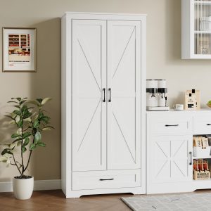 YouTrend 69" Tall Kitchen Pantry - Farmhouse Storage Cabinet with 2 Barn Doors 4 Adjustable Shelves and Large Drawer for Dining Room / Living Room