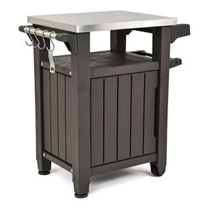 Unity Portable Outdoor Table and Storage Cabinet with Hooks for Grill Accessories-Stainless Steel Top for Patio Kitchen Island or Bar Cart, Espresso Brown