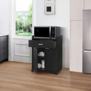 Black Kitchen Microwave Cart with Accent Storage Cabinet - Featuring 1 Drawer and 2 Doors