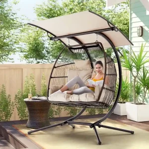 Outdoor Swing Loveseat with Stand - Foldable Hanging Chair / Hammock Cushion