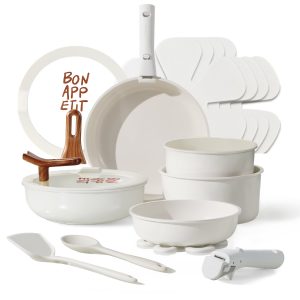 Carote 18 Pcs Ceramic Nonstick Cookware Set - Pots and Pans Set with Detachable Handles / Oven/Dishwasher Safe