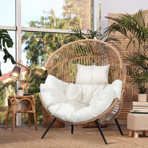 Walsunny Egg Chairs Outdoor Patio Wicker Oversized Egg Shell Lounger Lawn Chair with Cushion for Indoor Outside Porch Balcony Backyard - Original Wood Color Rattan Beige Cushion