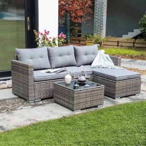 JOIVI 3 Pieces Patio Conversation Set - PE Wicker Rattan Outdoor Furniture Set / 2 Ways Small Sectional Sofa