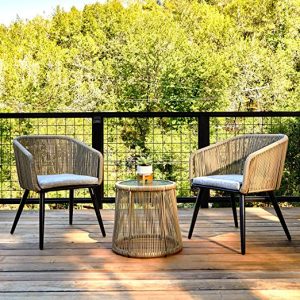 Patio Furniture Set 3-Piece Outside Bistro Set Handwoven Rattan Wicker Chairs with Waterproof Cushions Tempered Glass Table Outdoor Conversation Set for Porch Brown & Light Grey - Signature Collection