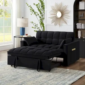 4-in-1 Pull-Out Sleeper Sofa Bed - Loveseat in Velvet -Convertible Couch Bed with Reclining Backrest - 2 Side Pockets