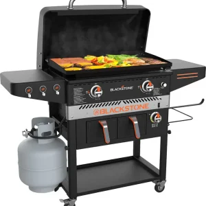 Blackstone 1962 Air Fryer Combo & Two Burners Stainless Steel Gas Hood - Wheels / Two Side Shelf - Heavy Duty Outdoor Griddle Station for Backyard