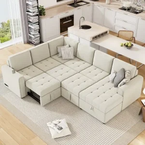 Roomfitters U-Shaped Sectional Sofa with Pull-Out Bed - Storage Chaise Lounge / and Integrated Charging Ports for Living Room