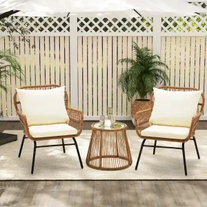 3-Piece Patio Conversation Bistro Set - Outdoor Rattan Furniture Set with Glass Table & 2 Wide Armchairs / Seat Cushions