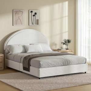 4 EVER WINNER Queen Size Bed Frame - Boucle Upholstered Bed Frame with Headboard / White Queen Bed Frame