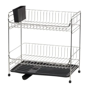 2-tier Medium Dish Rack with Drain Spout Black | Black