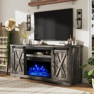 AMERLIFE Fireplace TV Stand with Sliding Barn Door for TVs up to 73" - Farmhouse 63" Fireplace Entertainment Center with Storage Cabinets/Adjustable Shelves