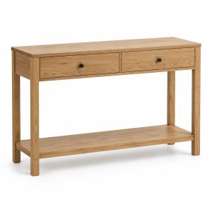 Natural Oak Two-Drawer Console Table with Lower Shelf