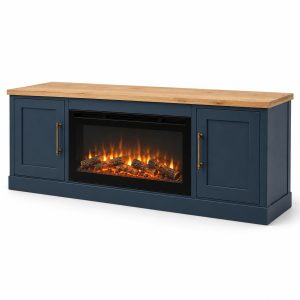Navy Blue and Oak Electric Fireplace TV Stand, 63-Inch
