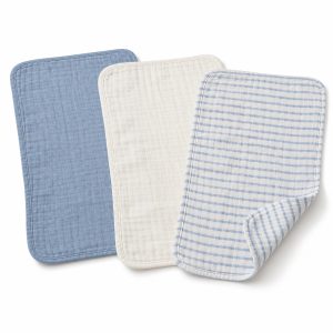 Blue and Ivory Cotton Muslin Burp Cloths, Set of 3