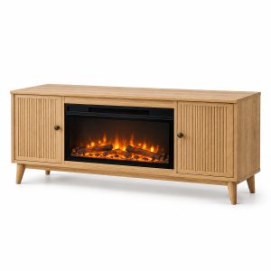 Light Oak Fluted Electric Fireplace TV Stand, 63-Inch