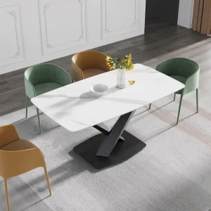 63-Inch Contemporary Dining Table with Slate Stone Surface and Metal Legs - Marble Finish
