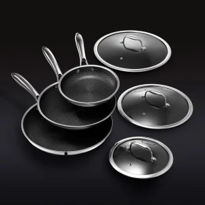 HexClad 6 Piece Hybrid Stainless Steel Cookware Pan Set 8 inch - 10 inch / 12 inch with Glass Lids