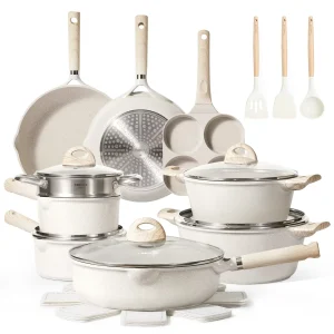 Carote Non Stick Pots and Pans Set - 21 Pcs Induction Kitchen Cookware Sets (Beige Granite)